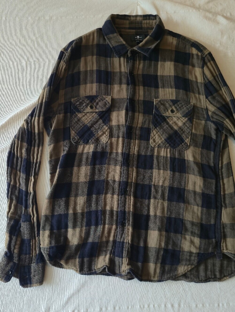 7 for all mankind Men's XL Plaid Flannel Long Sleeve Shirt Blue and Brown
